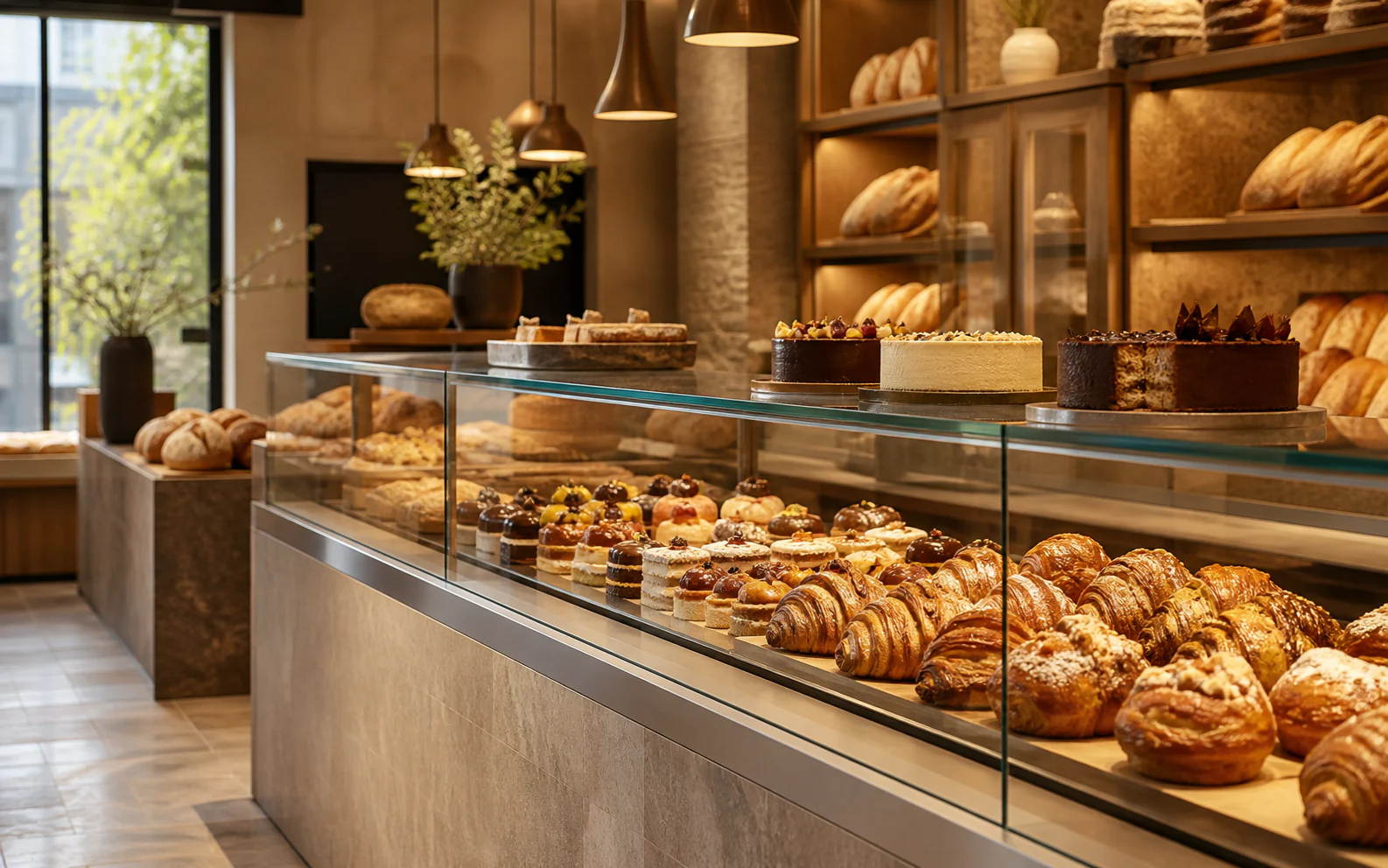Artisan bakery counter with breads, pastries, and celebration cakes