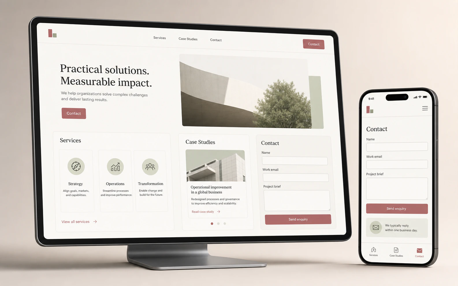 Corporate services website with case study and enquiry form on desktop and mobile