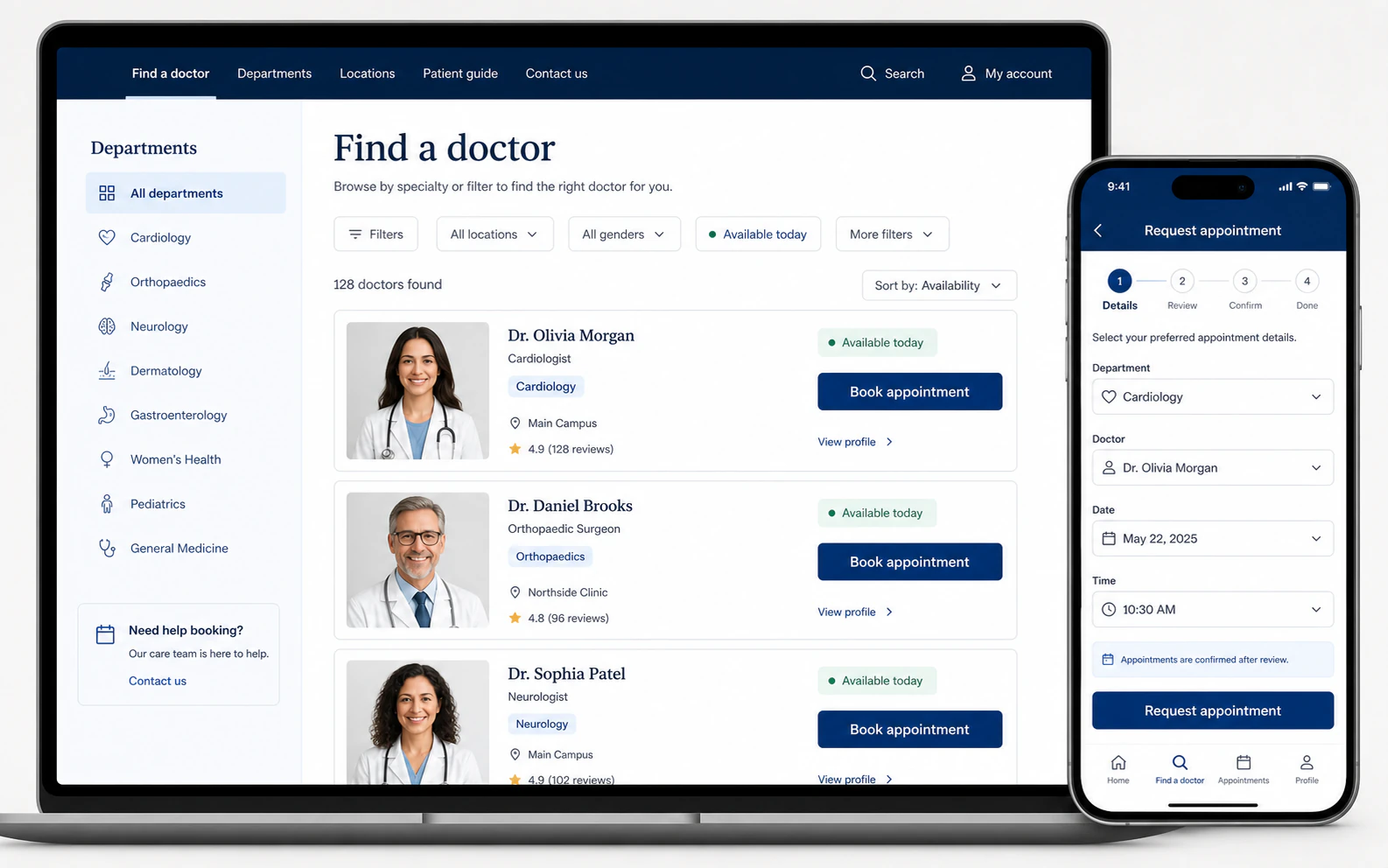 Hospital doctor directory and appointment request interface on desktop and mobile