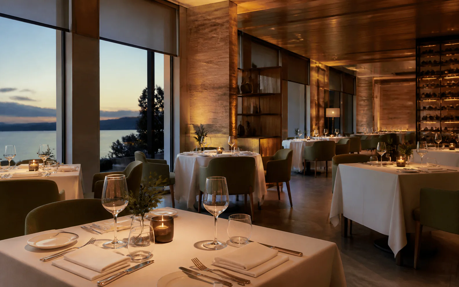 Premium coastal hotel restaurant prepared for evening dining