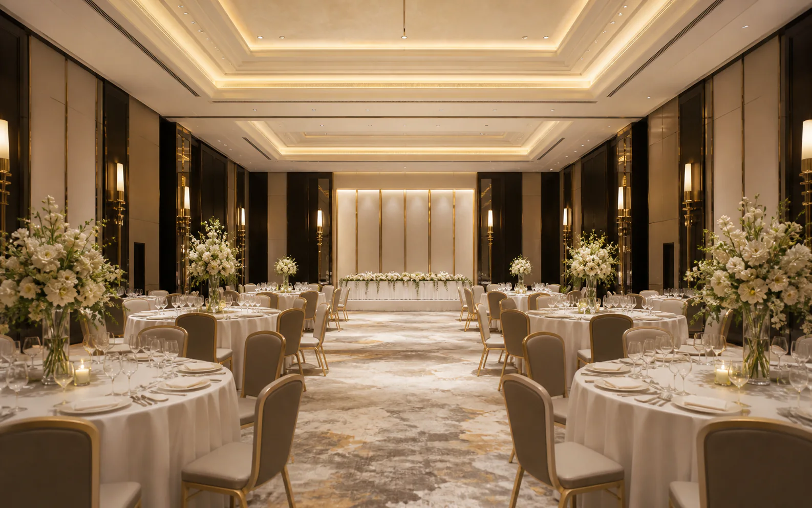 Elegant hotel ballroom arranged for a wedding reception