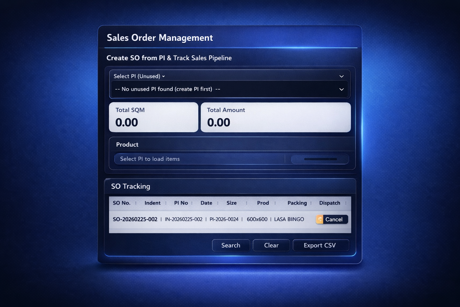 Export ERP sales-order interface with operational statuses and department hand-offs