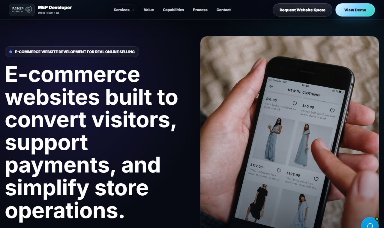 Mobile e-commerce storefront with products, cart, checkout, and order management